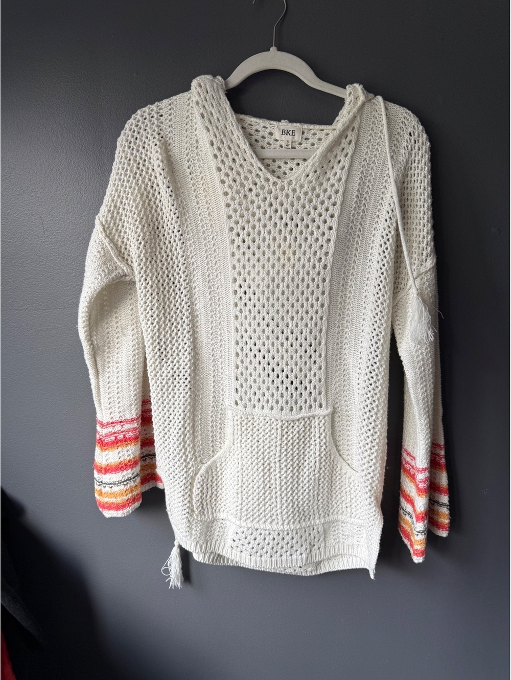 BKE Women's Small White Knit Hoodie with Colorful Striped Sleeve Cuffs